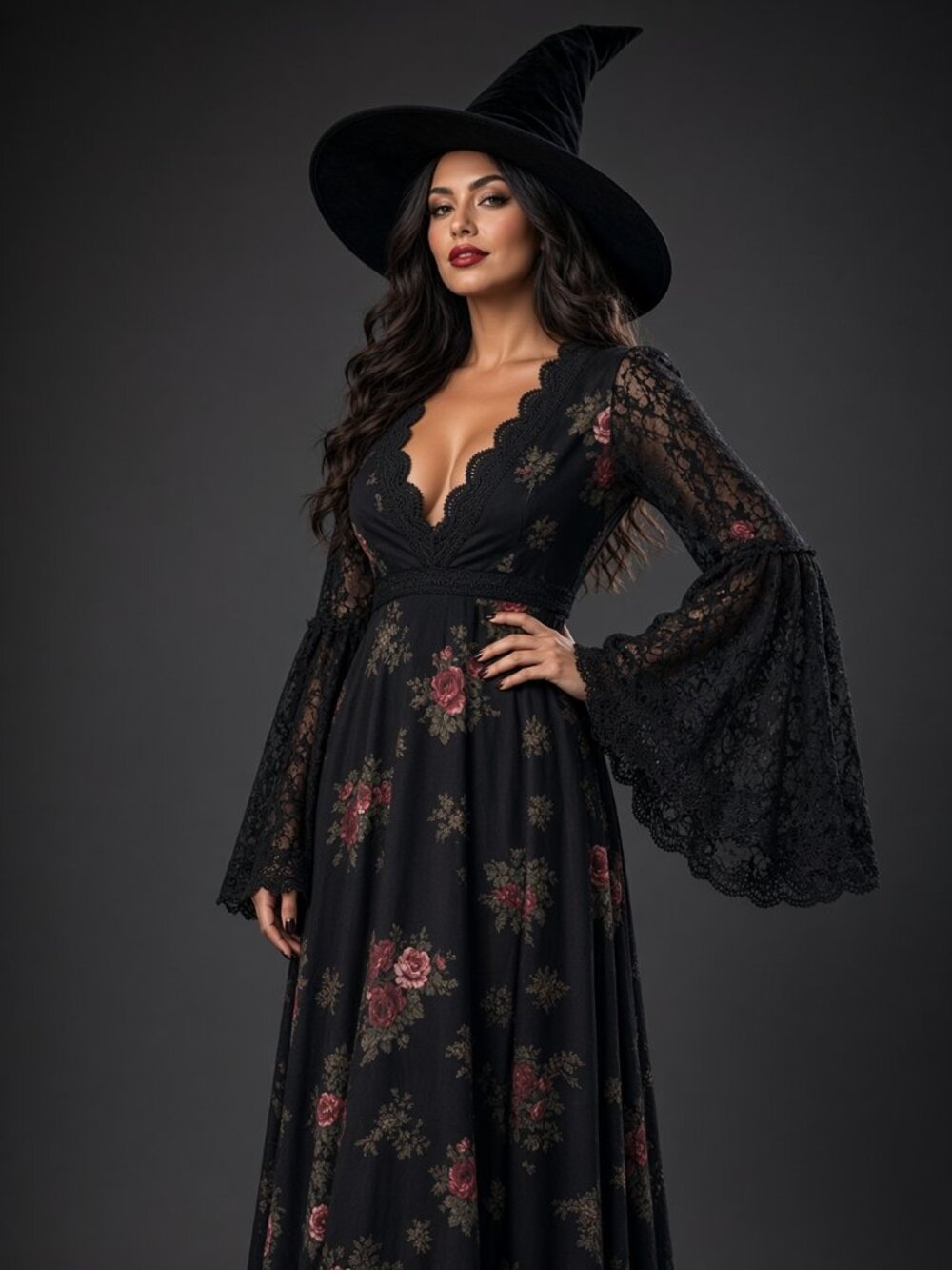 Black Velvet and Lace Dress with Pink Roses and Bell Sleeves Size M
